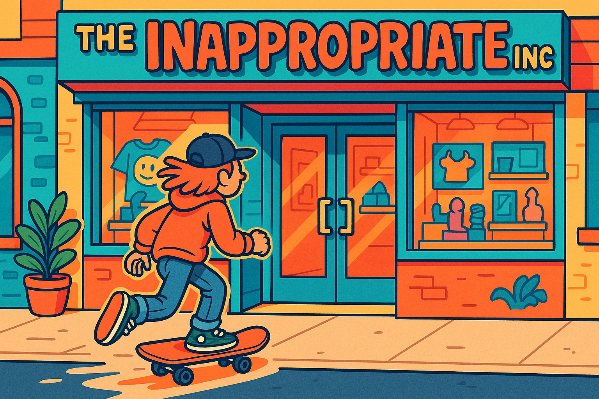 a cartoon like picture of someone skateboarding into a store called the Inappropriate Inc